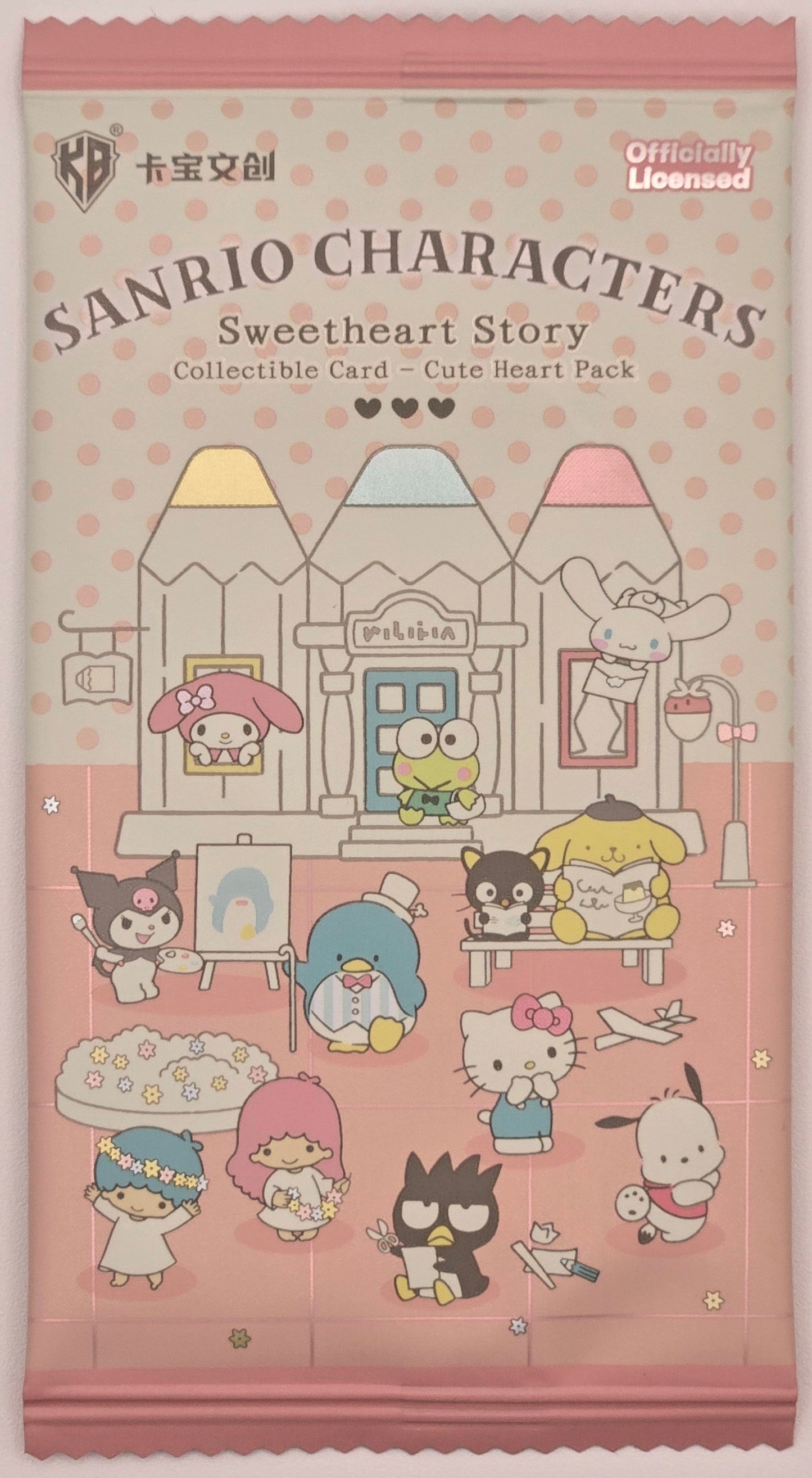 A Sanrio Characters Sweetheart Story collectible card and heart pack in a pink and cream paper sleeve, featuring various cartoon characters like Hello Kitty, Kuromi, and My Melody, set against a plain light pink background.