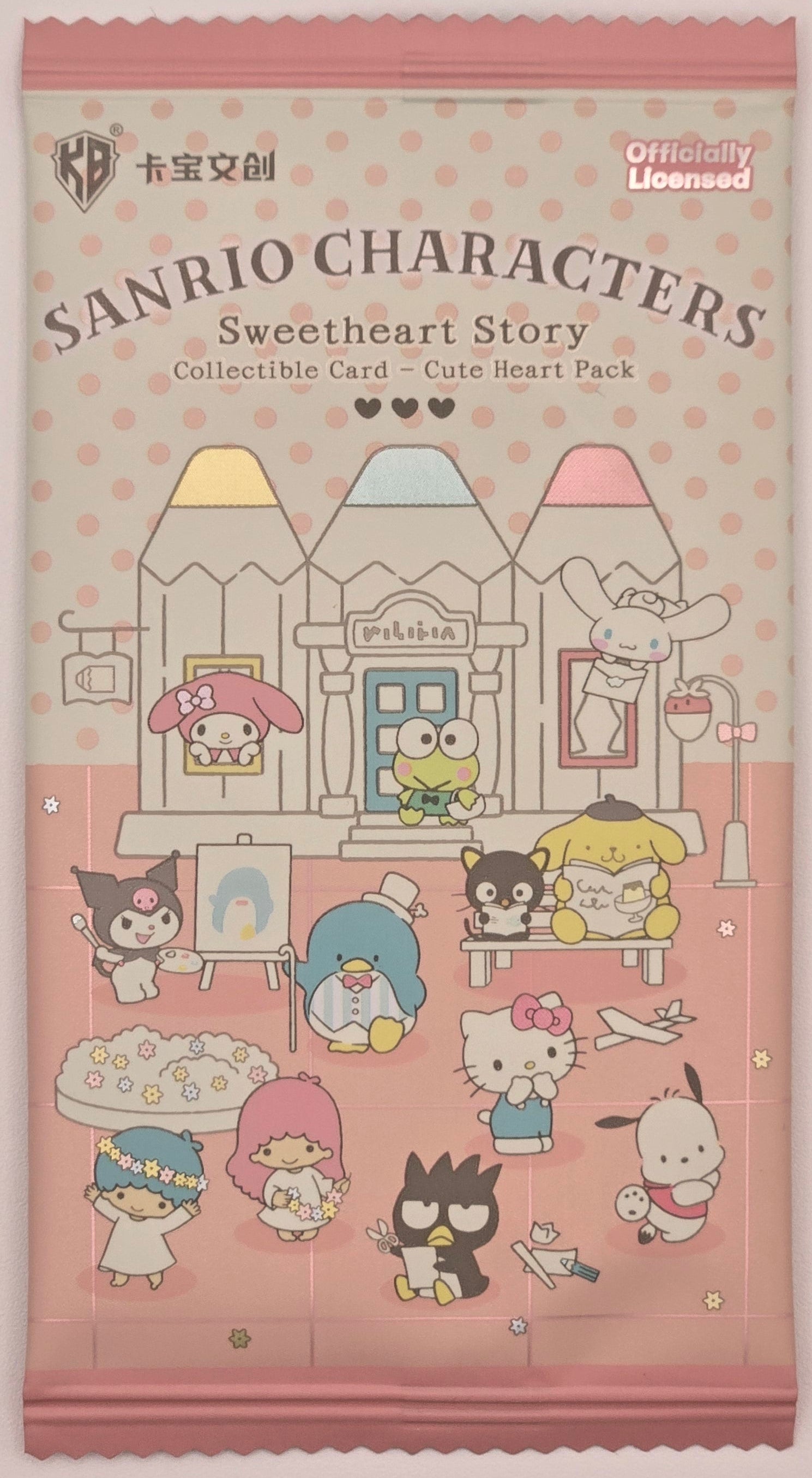 A Sanrio Characters Sweetheart Story collectible card and heart pack in a pink and cream paper sleeve, featuring various cartoon characters like Hello Kitty, Kuromi, and My Melody, set against a plain light pink background.